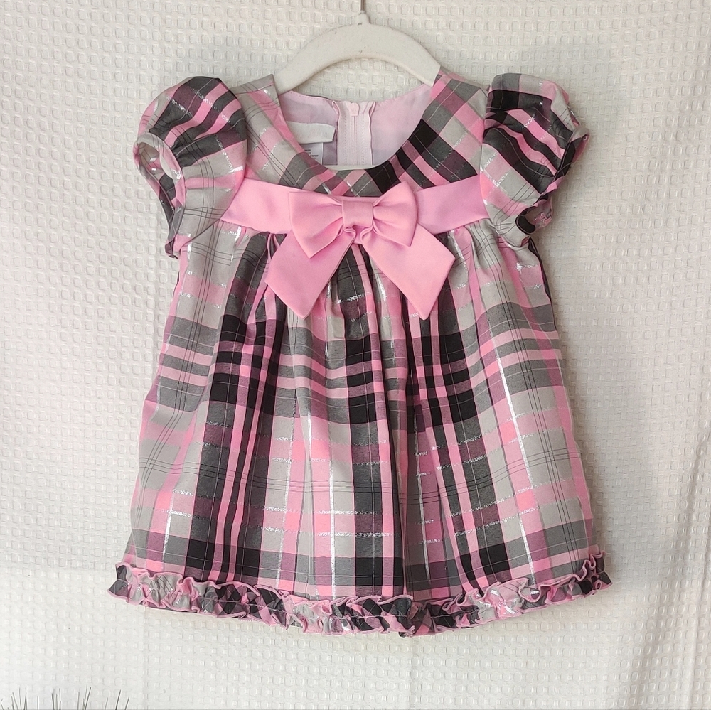 Bonnie Baby Toddler Girls Pink and Gray Plaid Dress with Bow Size 28 Mo.
